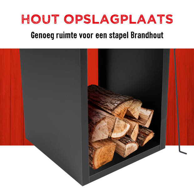 BBQ Collection Vuurkorf - Metaal - Vierkant: 39 x 39 Cm - 85 Cm Hoog - met Pook en Vonkenscherm - Zwart