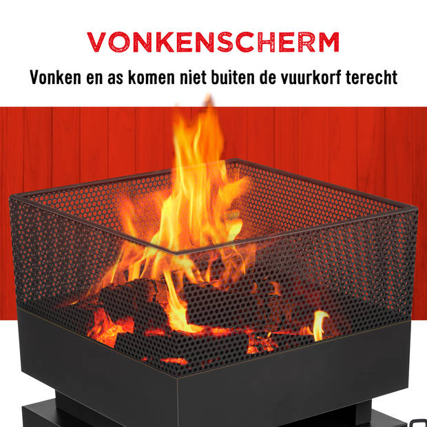 BBQ Collection Vuurkorf - Metaal - Vierkant: 39 x 39 Cm - 85 Cm Hoog - met Pook en Vonkenscherm - Zwart