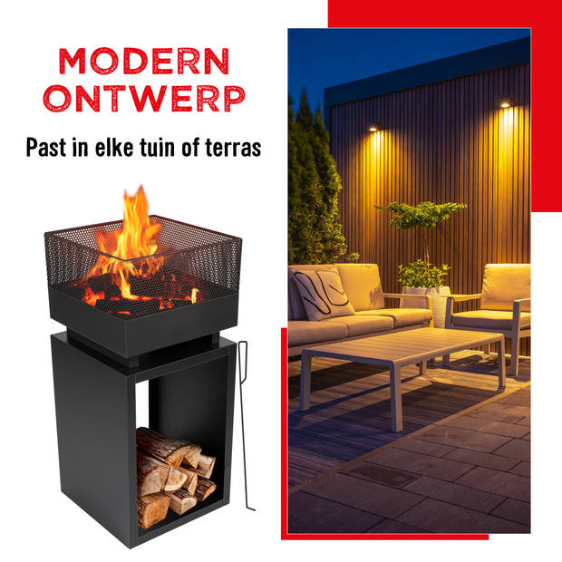 BBQ Collection Vuurkorf - Metaal - Vierkant: 39 x 39 Cm - 85 Cm Hoog - met Pook en Vonkenscherm - Zwart