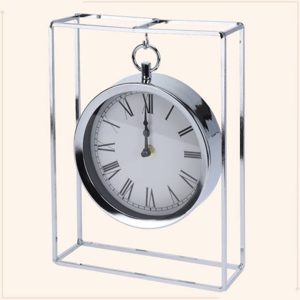 MISOU Tafelklok - Hangmodel - Zilver - Metaal - 25 cm - Klok - op Standaard - Binnen - Decoratie