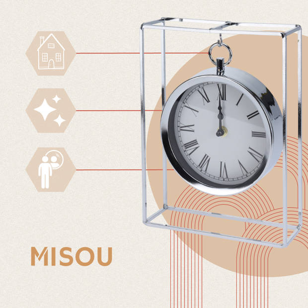 MISOU Tafelklok - Hangmodel - Zilver - Metaal - 25 cm - Klok - op Standaard - Binnen - Decoratie
