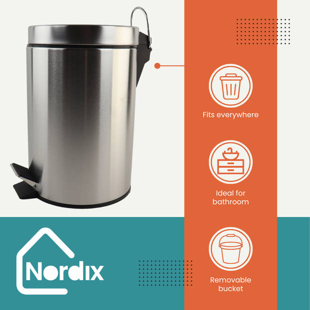 Nordix Pedaalemmer - 3 liter - Prullenbakje - Badkamer - Zilver - RVS - Toilet