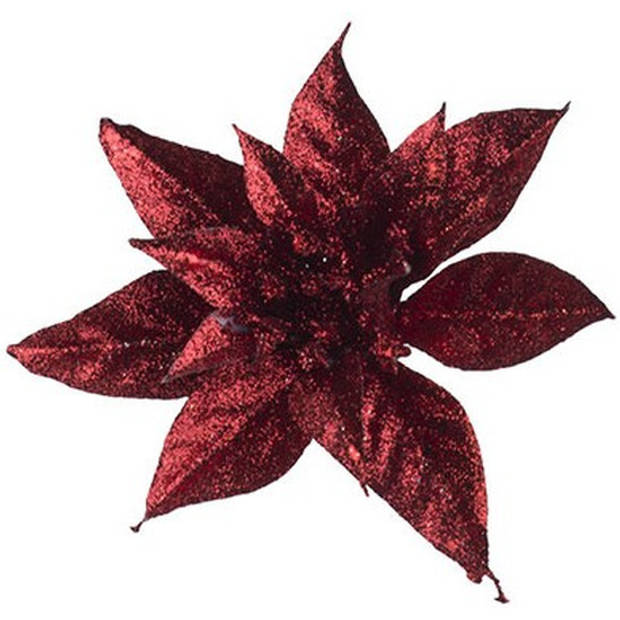 3x Kerstversieringen glitter kerststerren bordeaux/donkerrood op clip 8 cm - Kunstbloemen