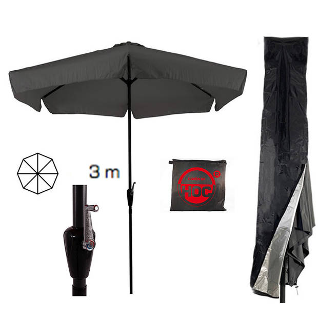 CUHOC Parasol - Grijs - Antraciete Parasol met hoes - 3m - Stokparasol - Grijze parasol met Redlabel Parasol hoes