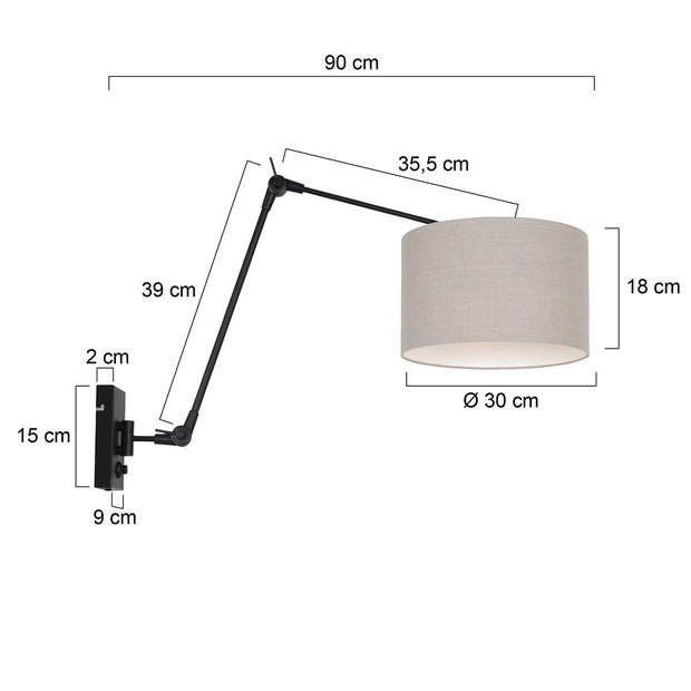 Steinhauer Wandlamp prestige chic 8119 zwart kap grijs linnen