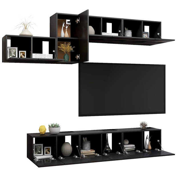 The Living Store Televisiemeubelset - Hangend - Spaanplaat - Zwart - 7-delige set - Montage vereist