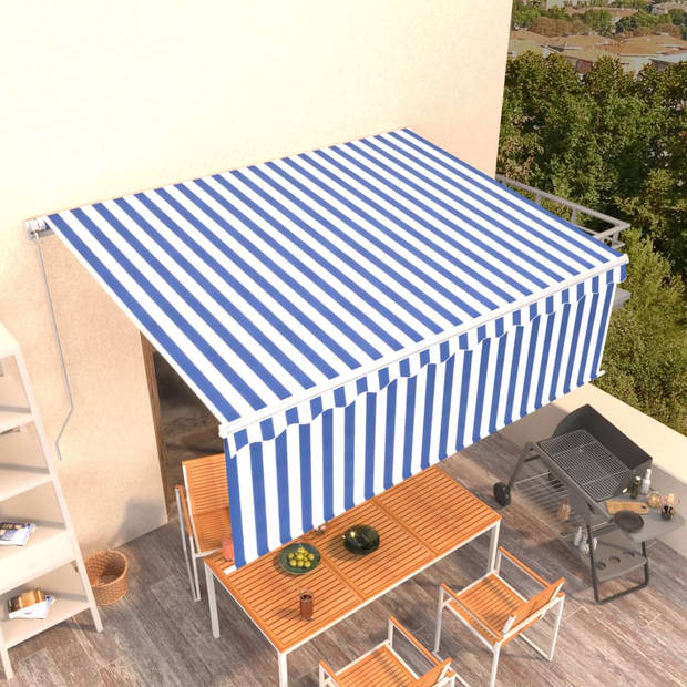 vidaXL Luifel handmatig uittrekbaar met rolgordijn 4,5x3 m blauw wit