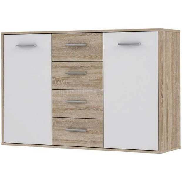 PILVI Laag dressoir 2 deuren 4 laden - Wit en sonoma eiken - B 122,6 x D 34,2 H 88,1 cm