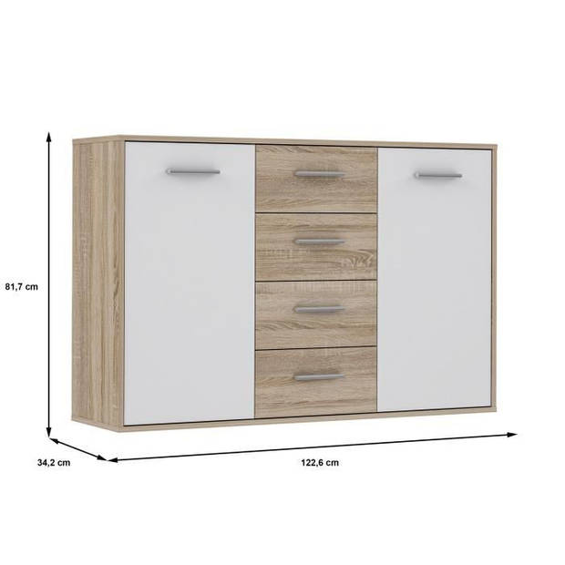 PILVI Laag dressoir 2 deuren 4 laden - Wit en sonoma eiken - B 122,6 x D 34,2 H 88,1 cm