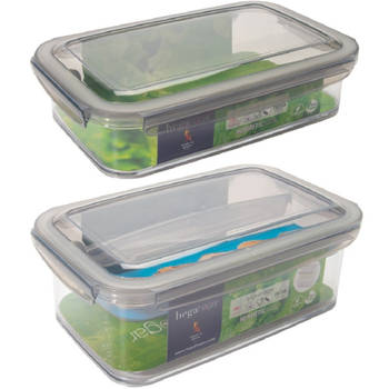 2x Voorraad/vershoudbakjes 1,2 en 1,9 liter met tray transparant/grijs plastic 24 x 15 cm - Vershoudbakjes