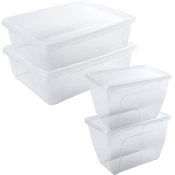 4x Voedsel plastic bewaarbakjes hoog/diep 1,5 en laag 2,5 liter transparant - Vershoudbakjes