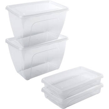 4x Voedsel plastic bewaarbakjes laag 0,5 en 1,5 liter transparant - Vershoudbakjes