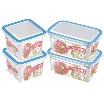 4x Voedsel plastic bewaarbakjes 2,5 en 2 liter transparant/blauw - Vershoudbakjes