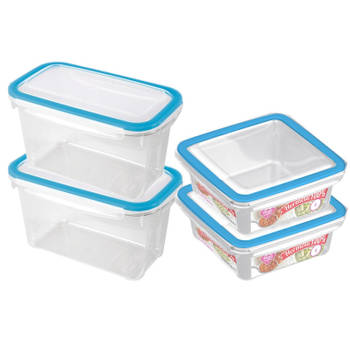 4x Voedsel plastic bewaarbakjes 1,2 en 1 liter transparant/blauw - Vershoudbakjes