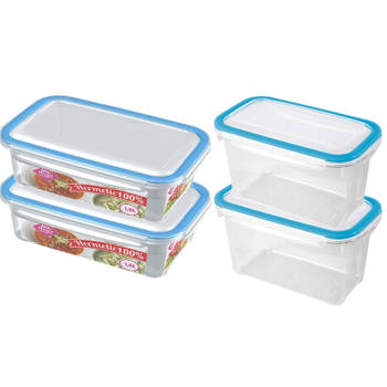 4x Voedsel plastic bewaarbakjes 1,2 en 1,5 liter transparant/blauw - Vershoudbakjes