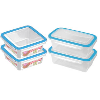 4x Voedsel plastic bewaarbakjes 0,75 en 1 liter transparant/blauw - Vershoudbakjes
