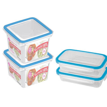 4x Voedsel plastic bewaarbakjes 0,5 en 2 liter transparant/blauw - Vershoudbakjes