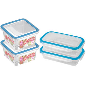 4x Voedsel plastic bewaarbakjes 0,5 en 1,5 liter transparant/blauw - Vershoudbakjes