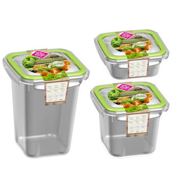 3x Voedsel plastic bewaarbakjes 250ml, 500ml en 750ml transparant/groen - Vershoudbakjes