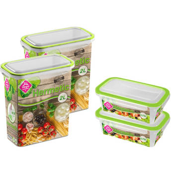 4x Voedsel plastic bewaarbakjes 0,75 en 2 liter transparant/groen - Vershoudbakjes