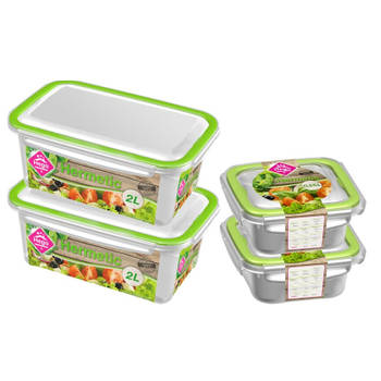 4x Voedsel plastic bewaarbakjes 0,25 en 2 liter transparant/groen - Vershoudbakjes