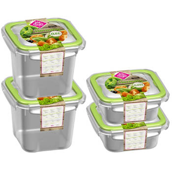 4x Voedsel plastic bewaarbakjes 0,25 en 0,5 liter transparant/groen - Vershoudbakjes