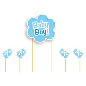 Folat taarttopper Baby Boy! 17 cm karton/hout blauw/wit 5-delig