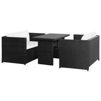 vidaXL 3-delige Loungeset met kussens poly rattan zwart