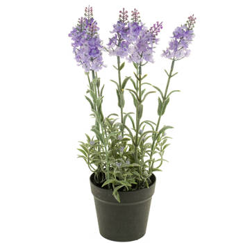 Lila paarse lavendel kunstplant in kunststof pot 28 cm - Kunstplanten