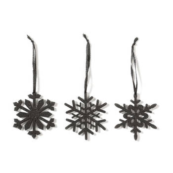 3x Kersthangers figuurtjes zwarte sneeuwvlok/ster 7,5 cm - Kersthangers