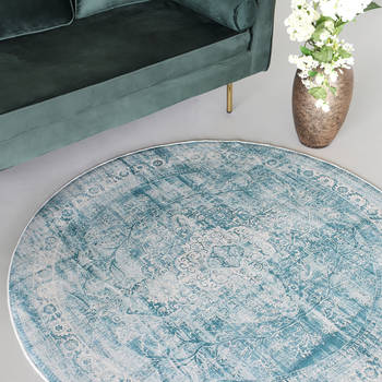 Vloerkleed rond vintage 140cm wit donkerblauw perzisch oosters tapijt