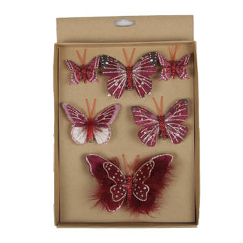 6x stuks decoratie vlinders op clip donkerrood 5, 8 en 12 cm - Kersthangers