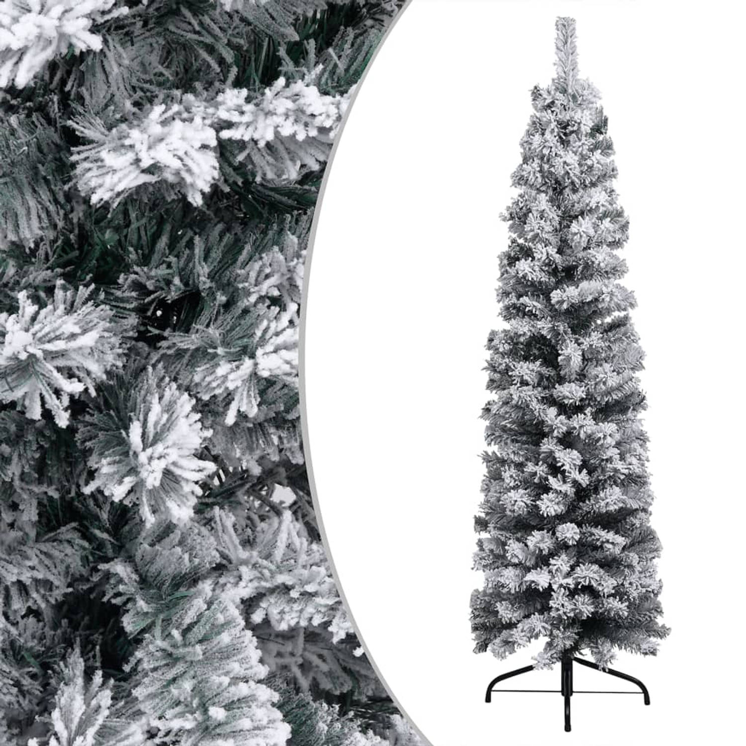 The Living Store Kerstboom met LED's en sneeuwvlokken smal 150 cm PVC groen - Decoratieve kerstboom