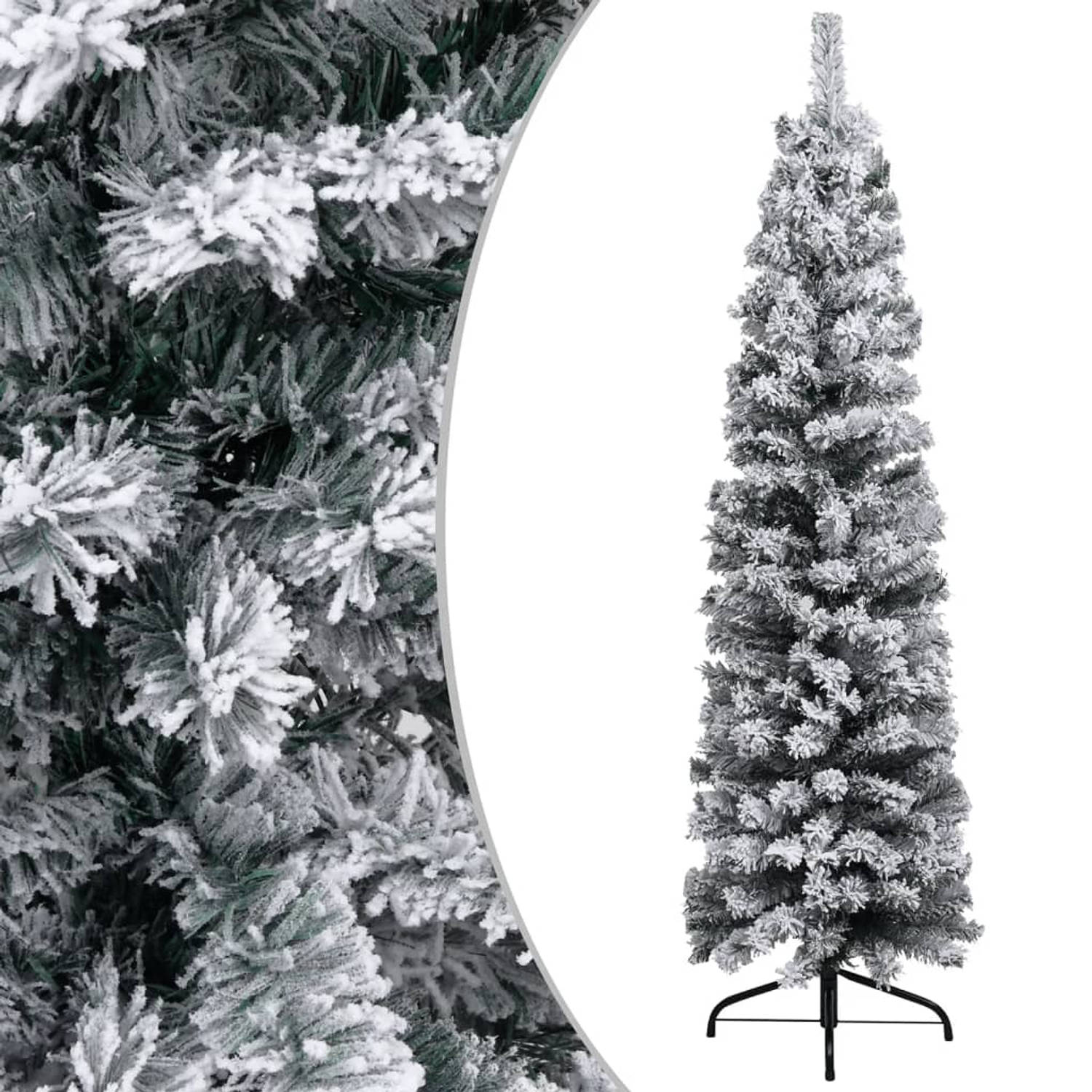 The Living Store Kerstboom met LED's en sneeuwvlokken smal 120 cm PVC groen - Decoratieve kerstboom