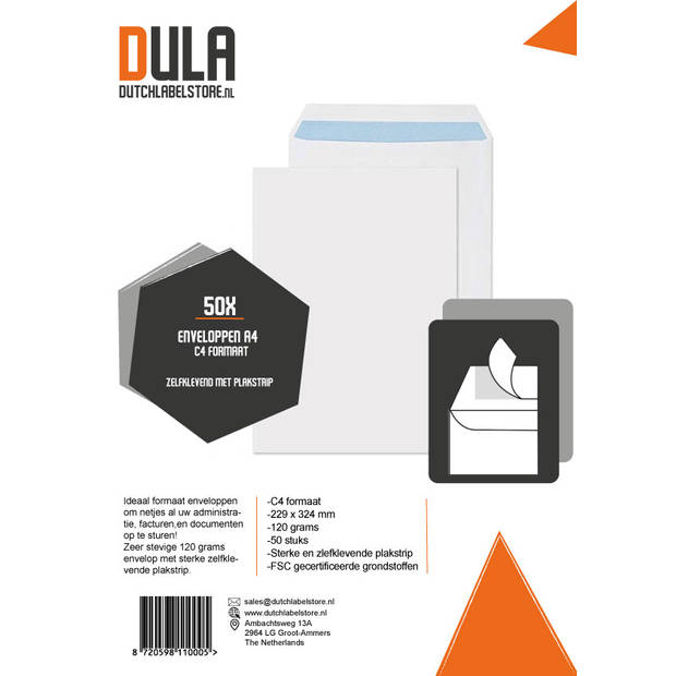 DULA - C4 Enveloppen A4 formaat wit - 229 x 324 MM - 50 stuks - Zelfklevend met plakstrip - 120 Gram