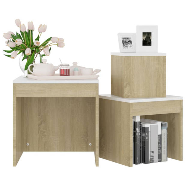 The Living Store Bijzettafelset Multifunctioneel Wit/Sonoma Eiken - 45x45x45 cm - Montage vereist