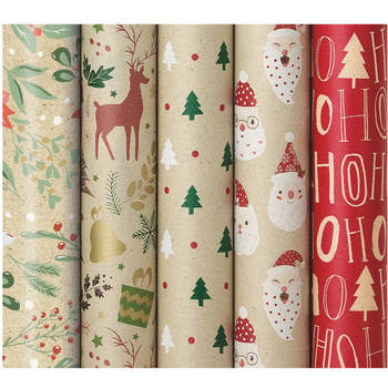 Kerst Cadeaupapier - ECO Graspapier - Inpakpapier - 150 x 70 cm - 5 Rollen