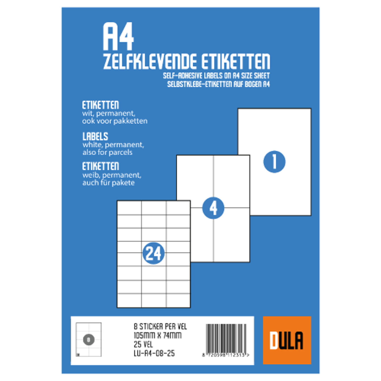 Dula Etiketten Stickervellen A4 8 Stickers Per Vel 105 X 74 Mm 25 Vel Blokker 2368