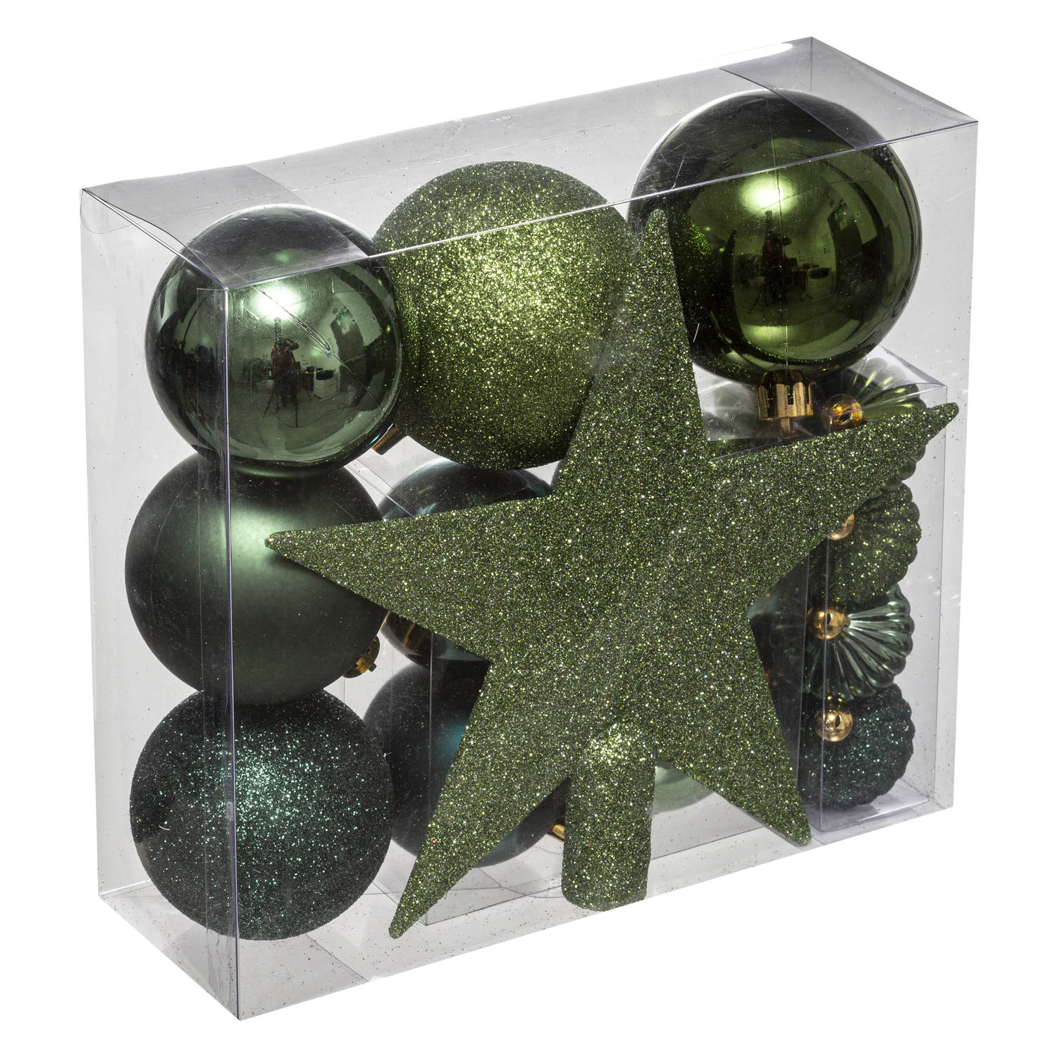 Set van 17x stuks kunststof kerstballen met ster piek khaki groen - Kerstbal