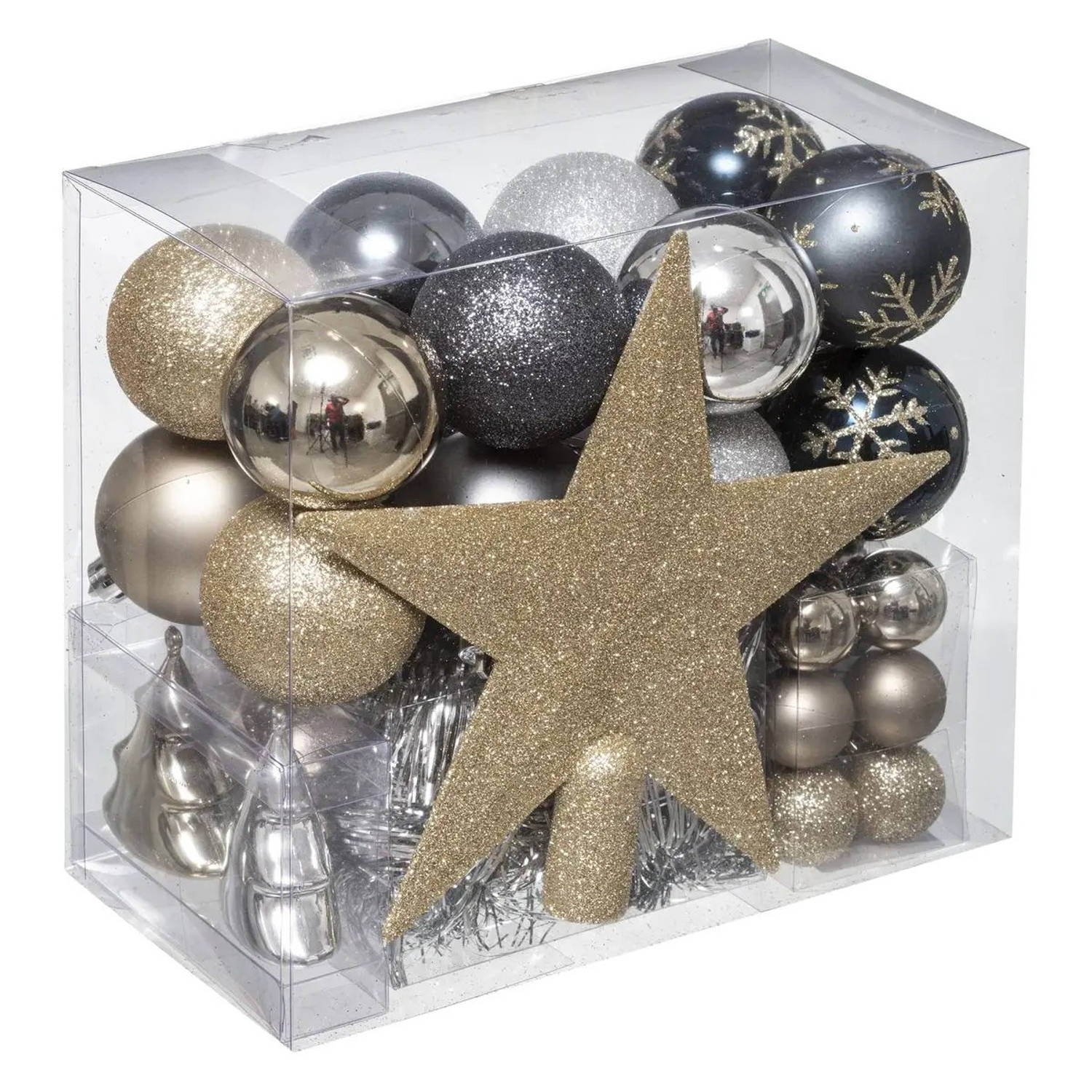 Set van 43x stuks kunststof kerstballen met ster piek champagne/blauw/grijs mix - Kerstbal