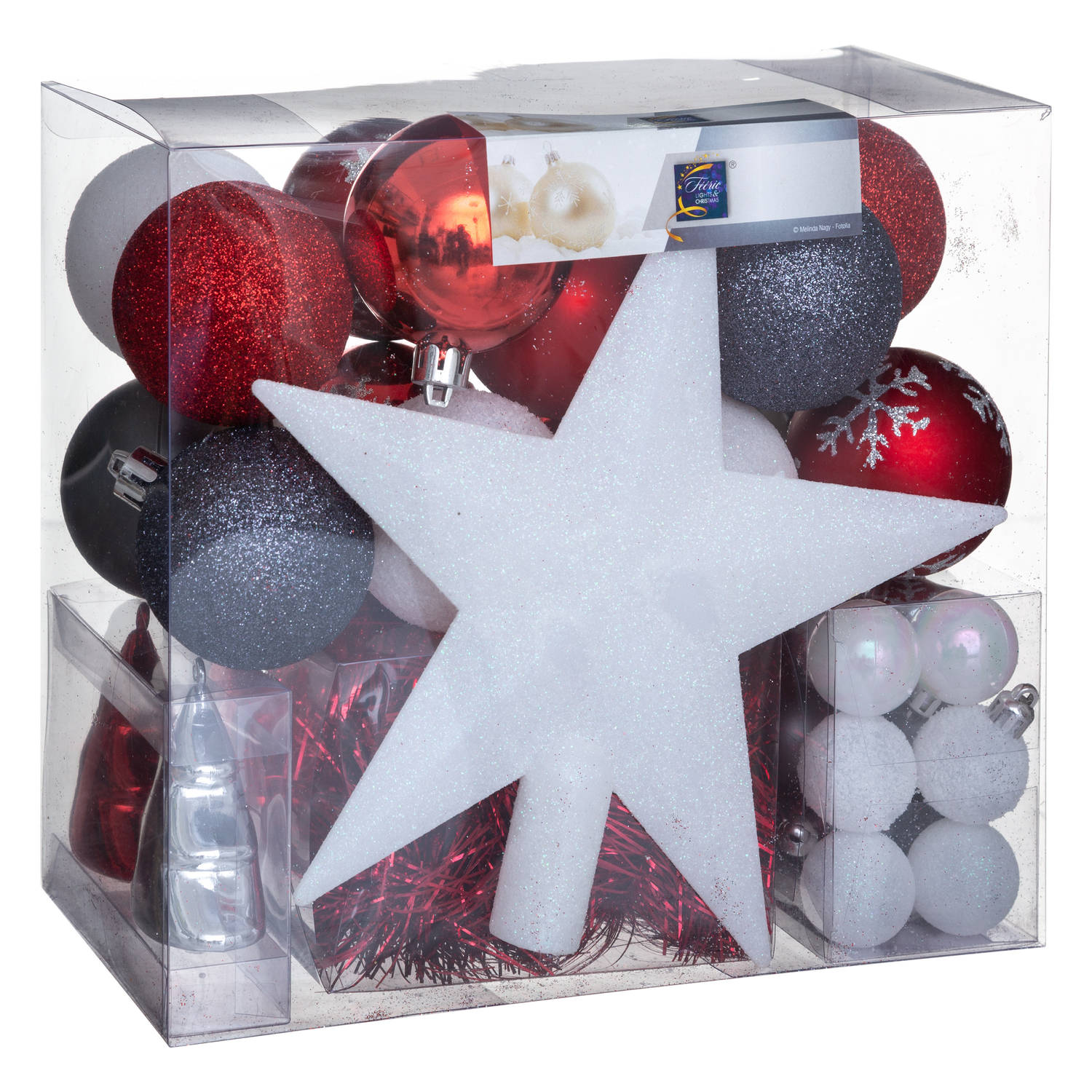 Set van 43x stuks kunststof kerstballen met ster piek rood/wit/grijs mix - Kerstbal