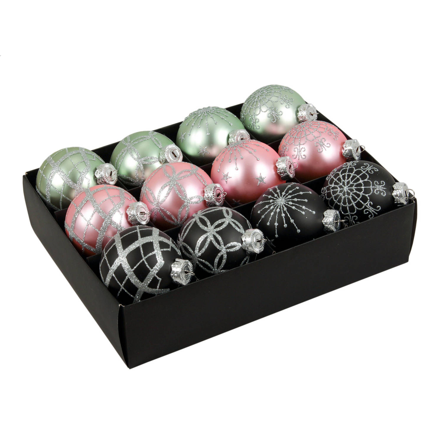 12x Stuks Luxe Glazen Gedecoreerde Kerstballen Mint-roze-bruin 7,5 Cm Kerstbal