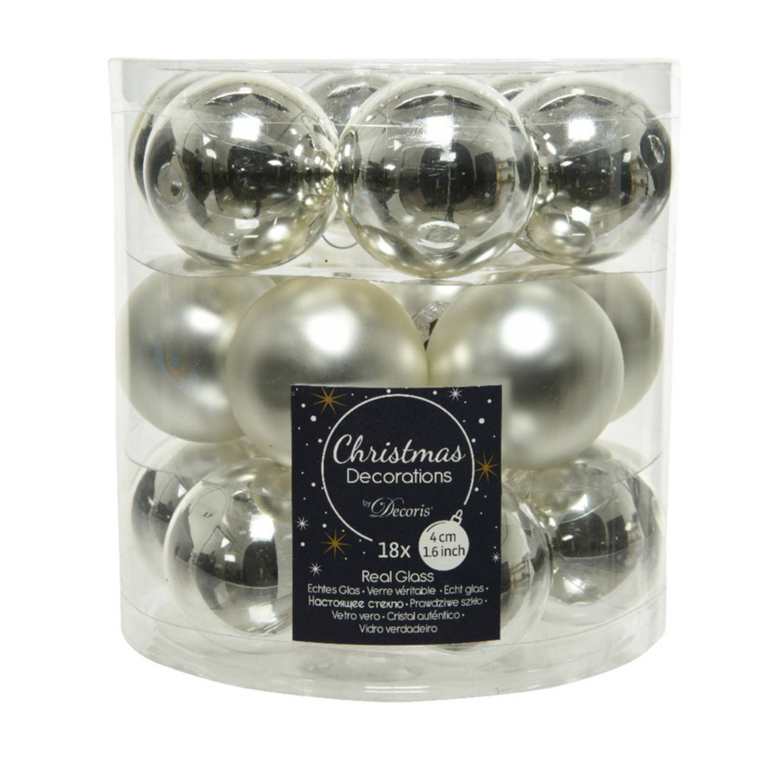 Decoris Kerstuksballen glas zilver glanzend-mat Ø4cm 18stuks