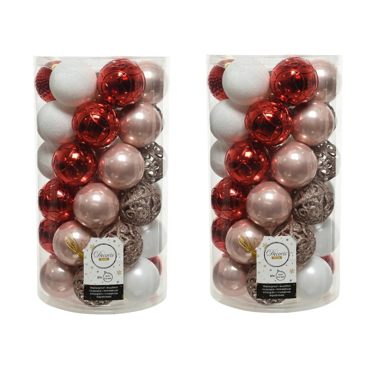 74x Stuks Kunststof Kerstballen Lichtroze(blush)-rood-wit 6 Cm Mat-glans-glitter Kerstbal