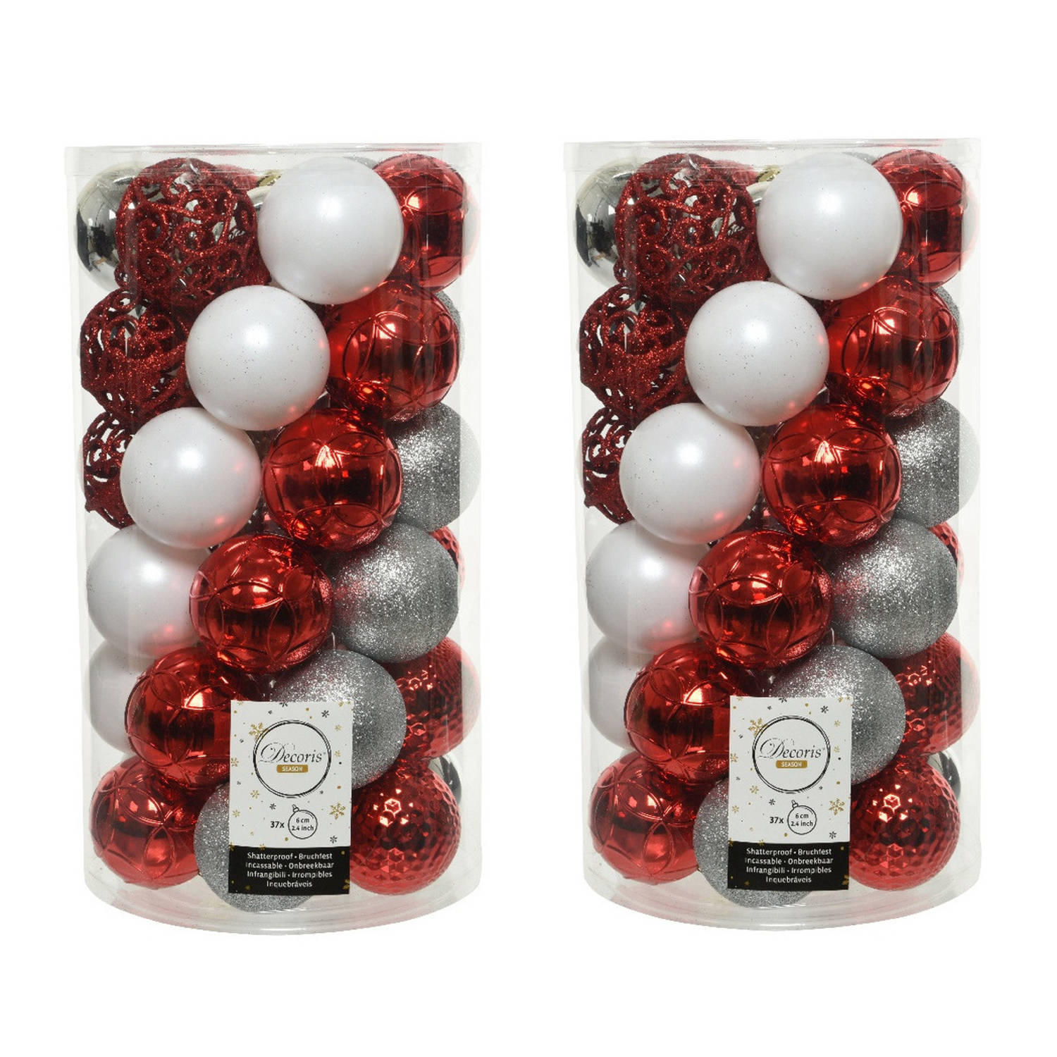 74x Stuks Kunststof Kerstballen Zilver-rood-wit 6 Cm Mat-glans-glitter Kerstbal