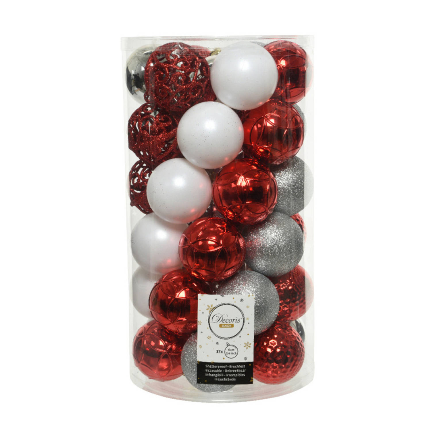37x Stuks Kunststof Kerstballen Zilver-rood-wit 6 Cm Mat-glans-glitter Kerstbal