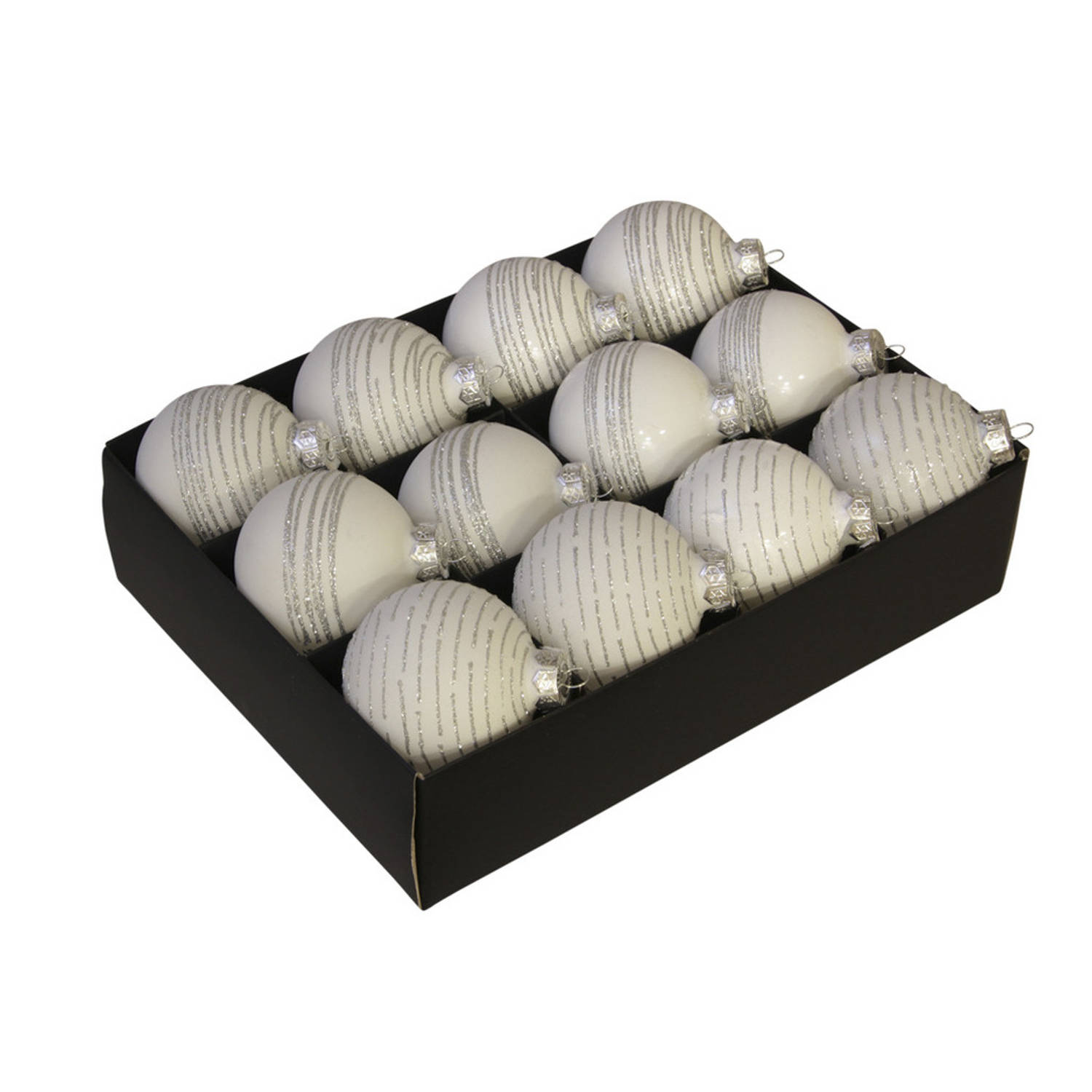 12x Luxe glazen gedecoreerde witte kerstballen met streep 7,5 cm - Kerstbal