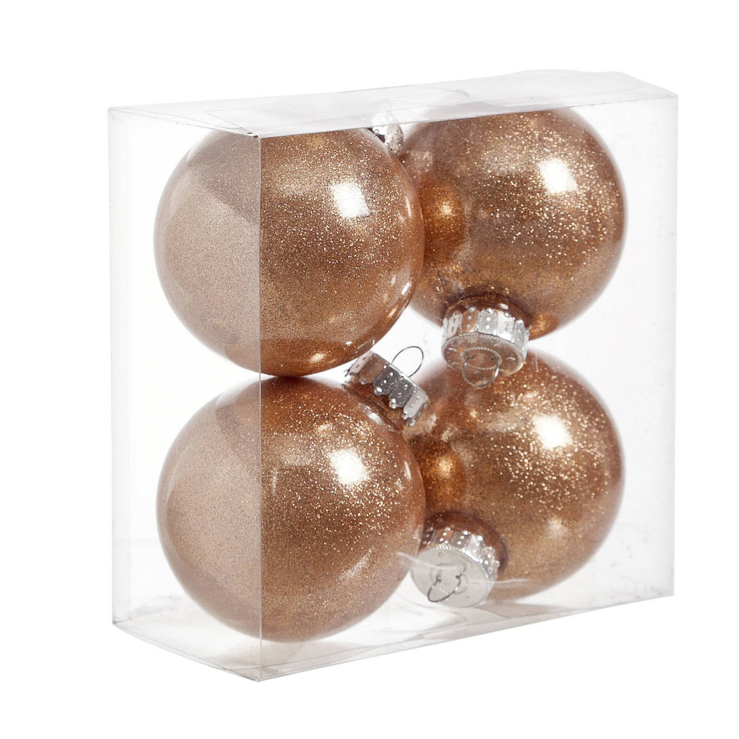 4x Stuks Kunststof Kerstballen Met Glitter Afwerking Koper 8 Cm - Kerstbal