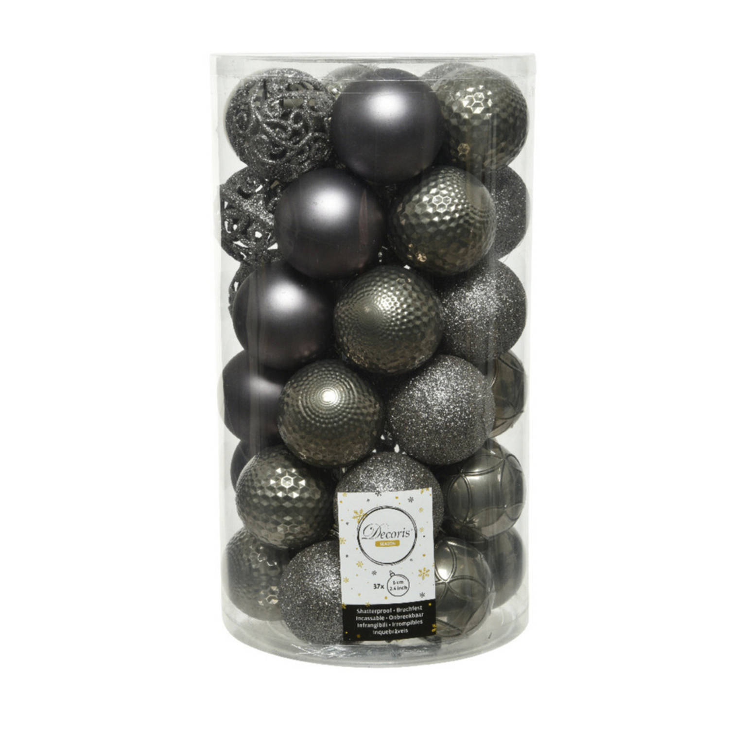 37x Stuks Kunststof Kerstballen Antraciet (Warm Grey) 6 Cm Mat/glans/glitter - Kerstbal