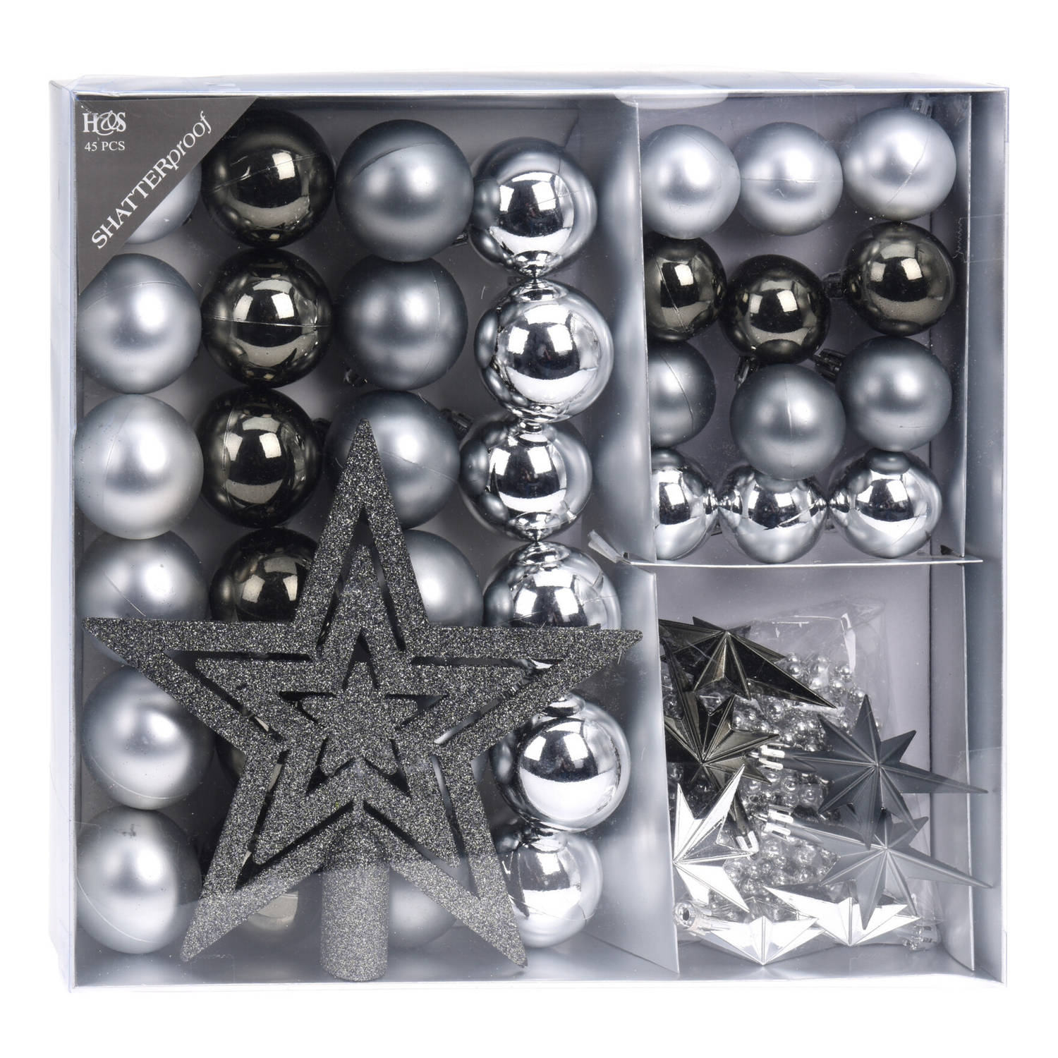 H&S Kerstballen met slingers en piek - 44st - kunststof grijs 4-5 cm